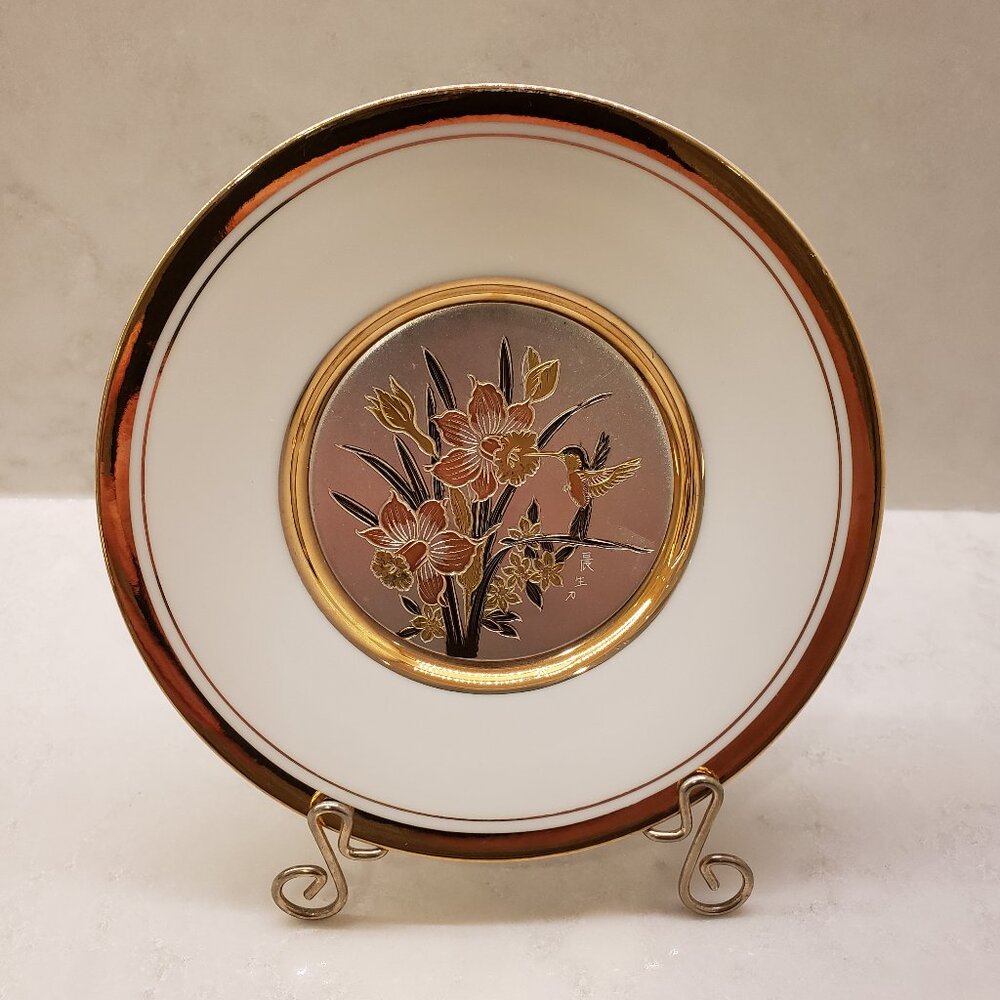 The Art of Chokin 24k Gold Edged Plate Decorated with Bird and Flowers